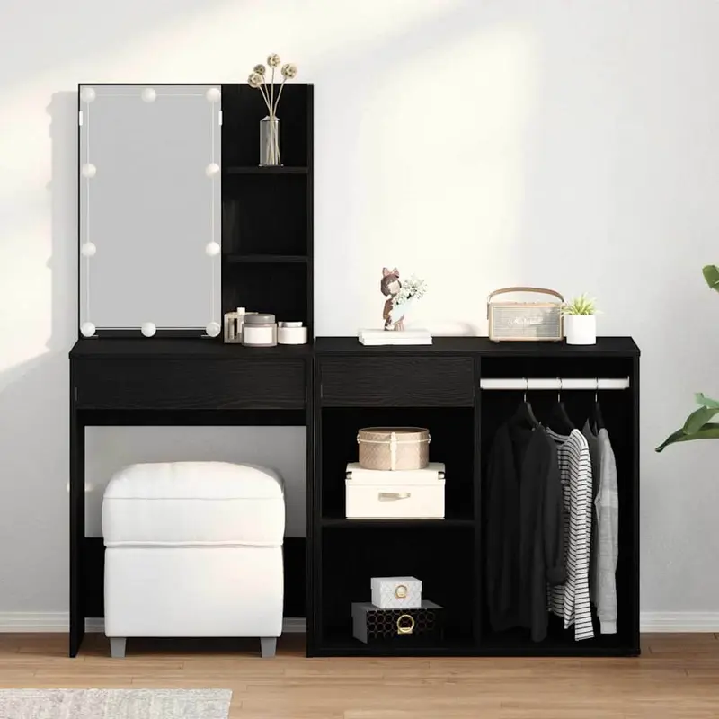 Juego de mesa de tocador LED Roble Negro 140 x 40 x 140 cm