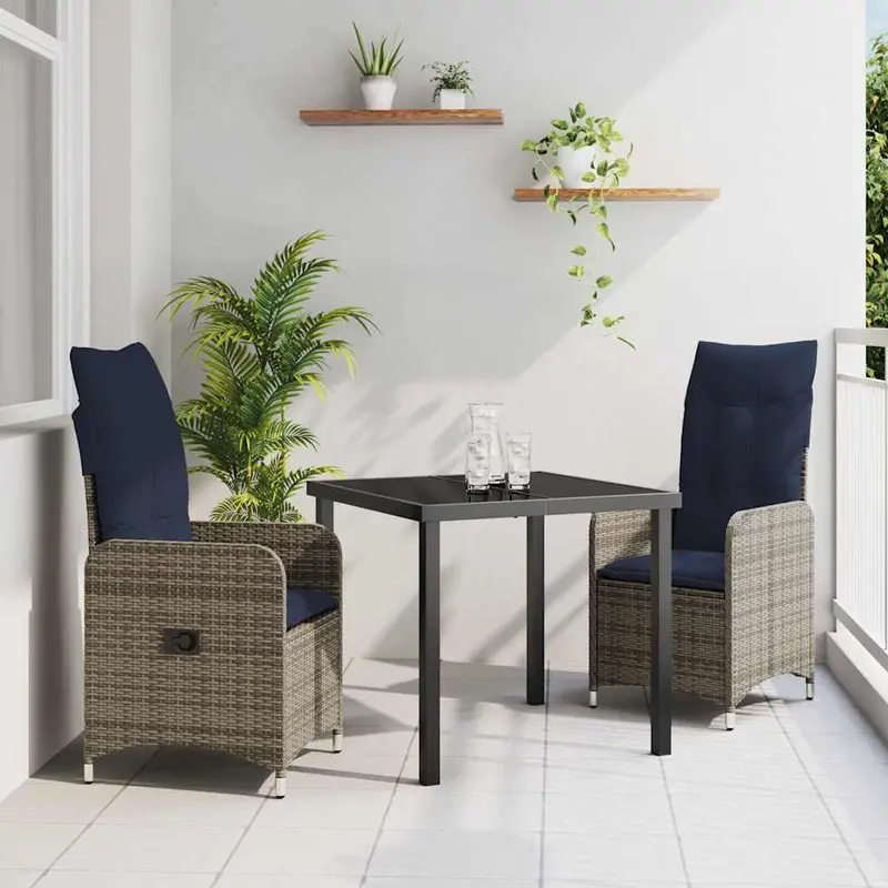 Juego de mesa y sillas con cojín 3 pcs Gris Ratán sintético