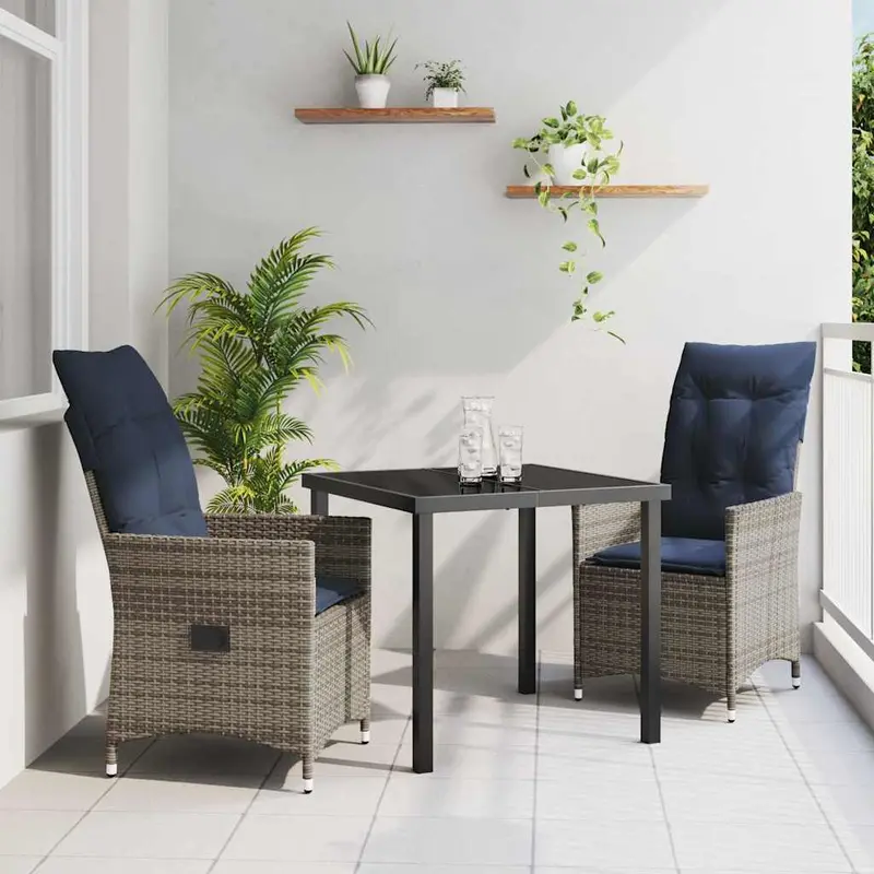 Juego de mesa y sillas con cojín 3 pcs Gris Ratán sintético