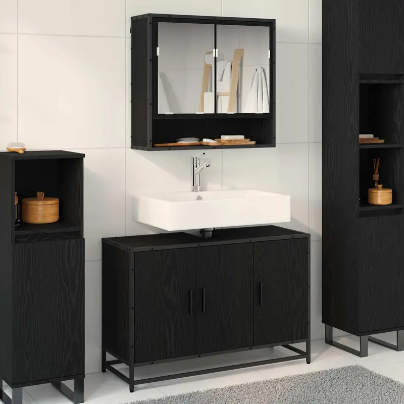 Juego de muebles de baño 2 pcs Roble Negro Madera contrachapada