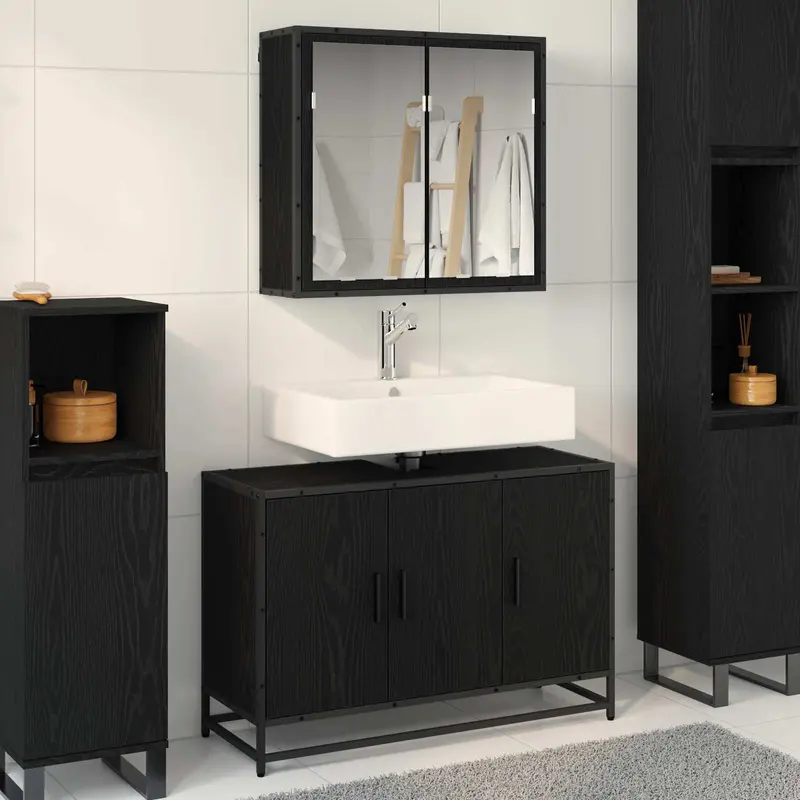 Juego de muebles de baño 2 pcs Roble Negro Madera contrachapada