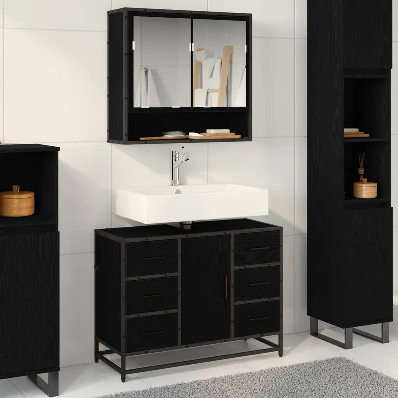 Juego de muebles de baño 2 pcs Roble Negro Madera de ingeniería