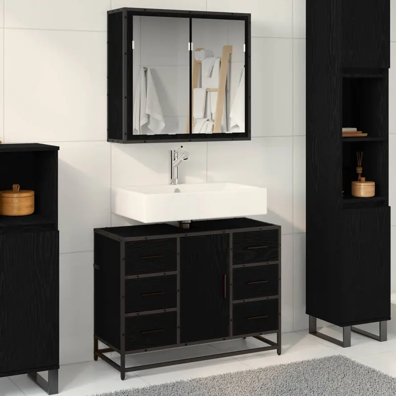 Juego de muebles de baño 2 pcs Roble Negro Madera de ingeniería