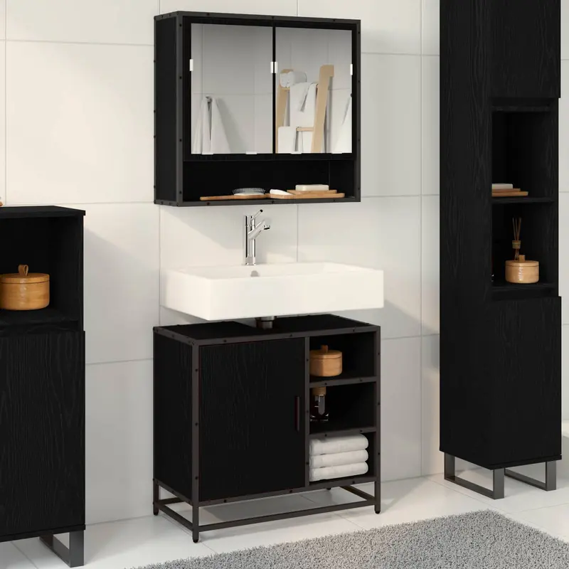 Juego de muebles de baño 2 pcs Roble Negro Madera de ingeniería
