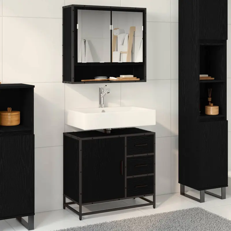 Juego de muebles de baño 2 pcs Roble Negro Madera de ingeniería