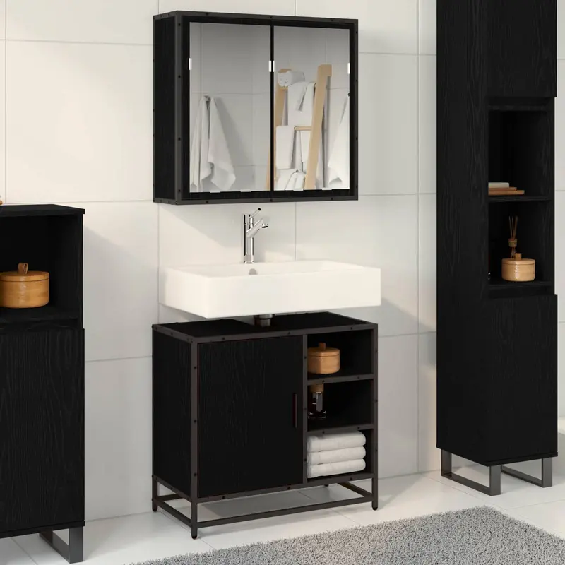 Juego de muebles de baño 2 pcs Roble Negro Madera de ingeniería
