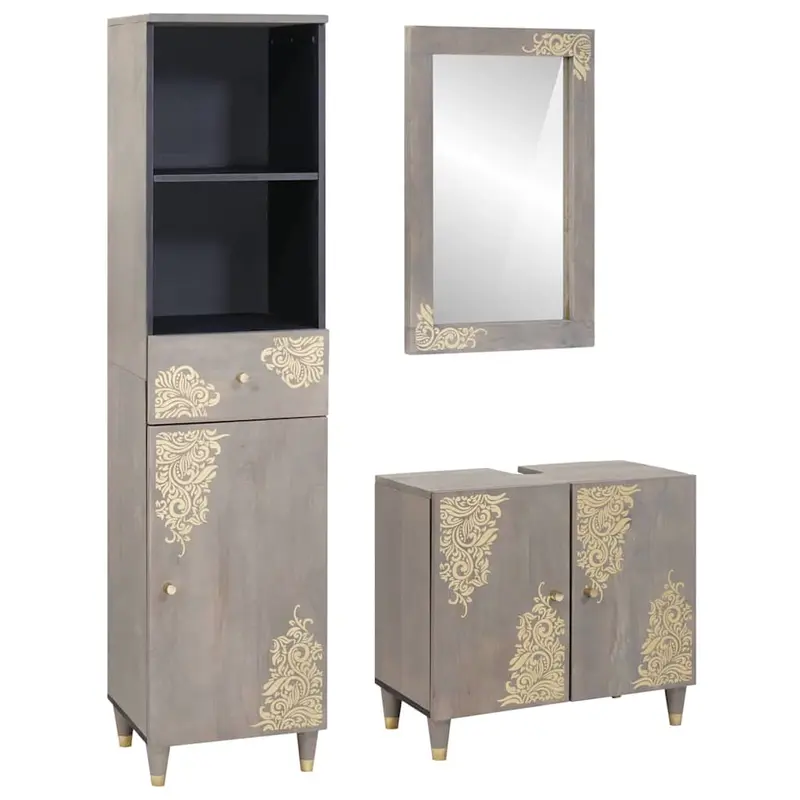Juego de Muebles de Baño 3 pcs Gris Madera de mango maciza