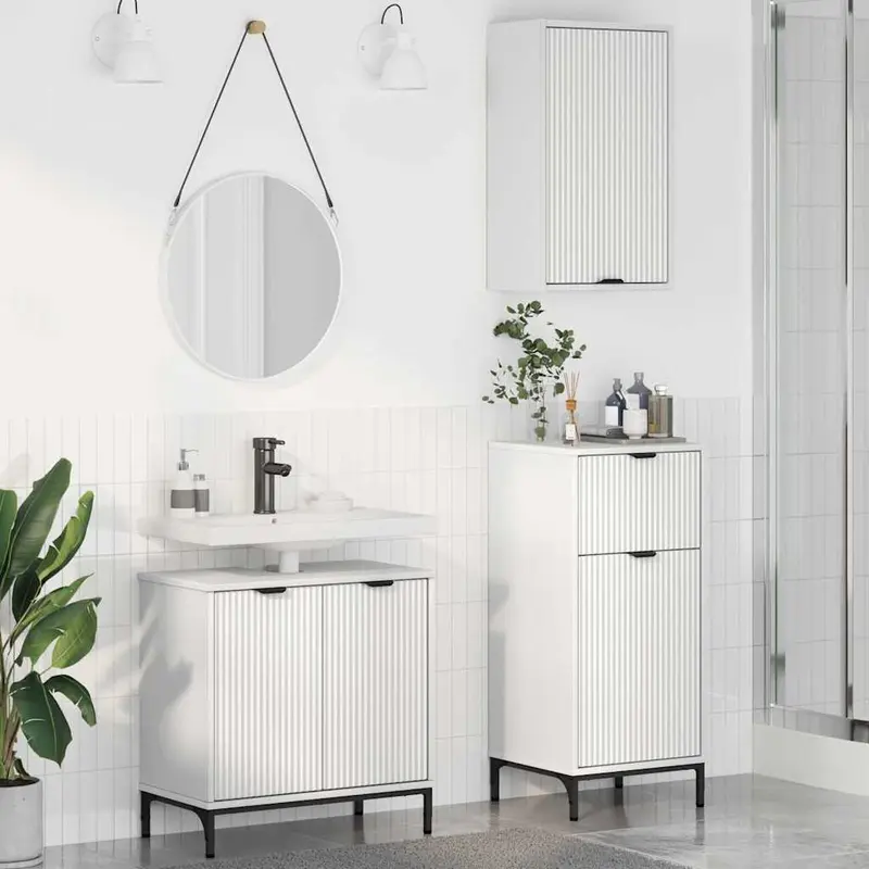 Juego de muebles de baño 3 pcs Madera engineered y metal