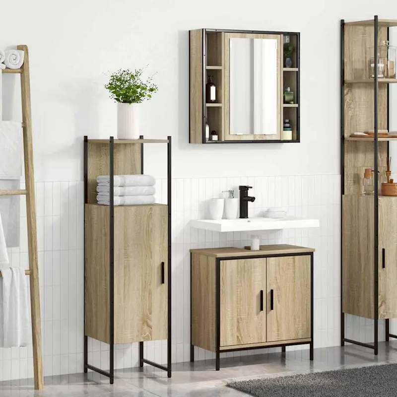 Juego de muebles de baño 3 pcs Marrón Madera contrachapada
