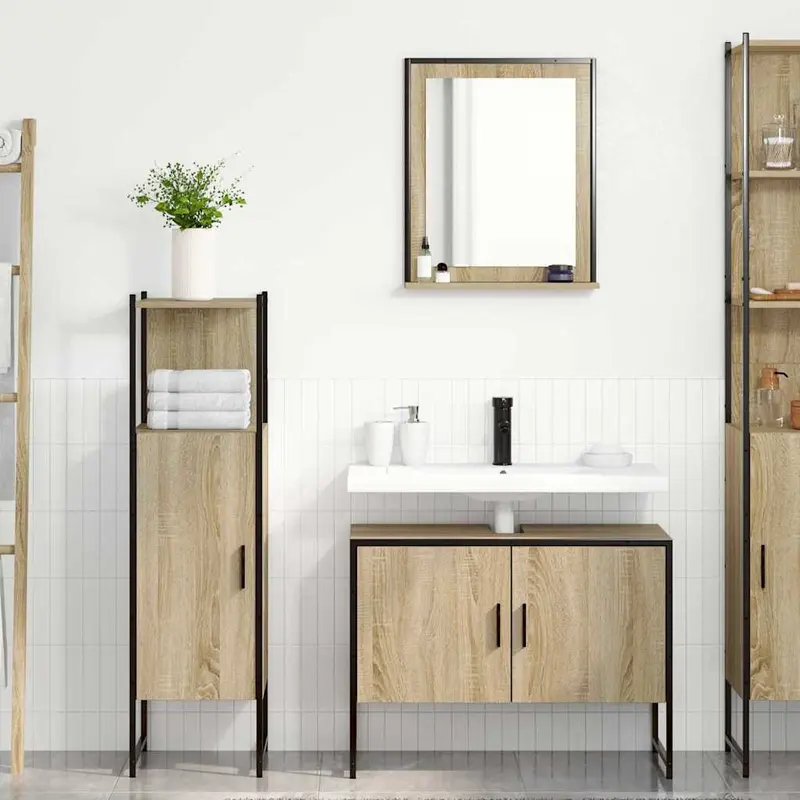 Juego de muebles de baño 3 pcs Marrón Madera contrachapada
