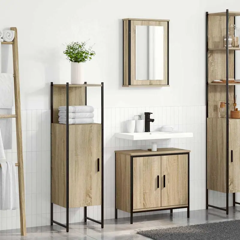 Juego de muebles de baño 3 pcs Marrón Madera contrachapada