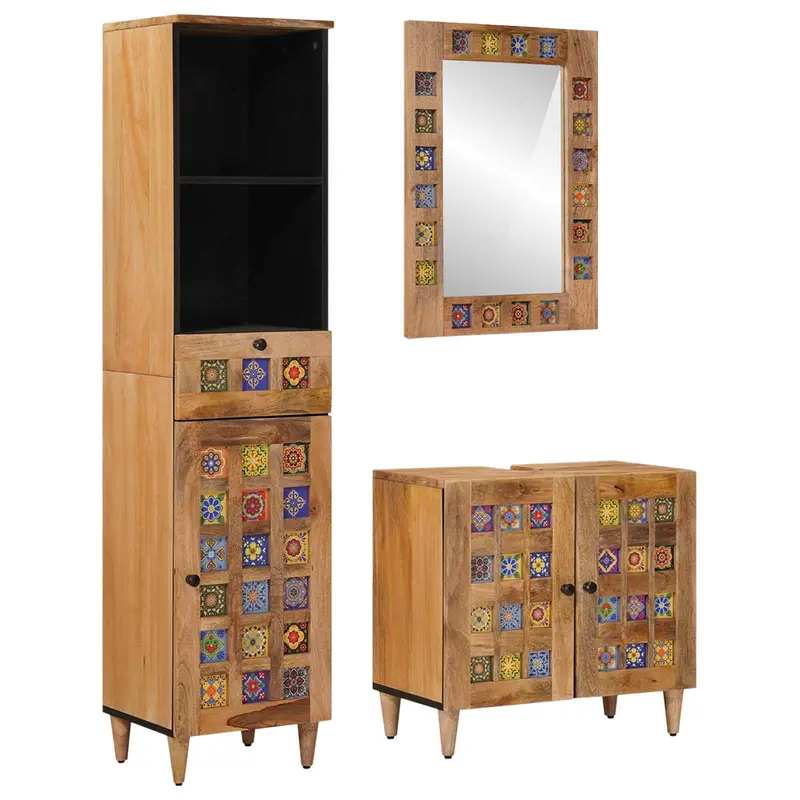 Juego de muebles de baño 3 pcs Natural Madera de mango maciza