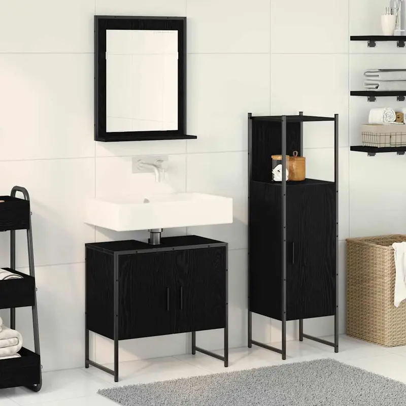 Juego de muebles de baño 3 pcs Negro Madera contrachapada