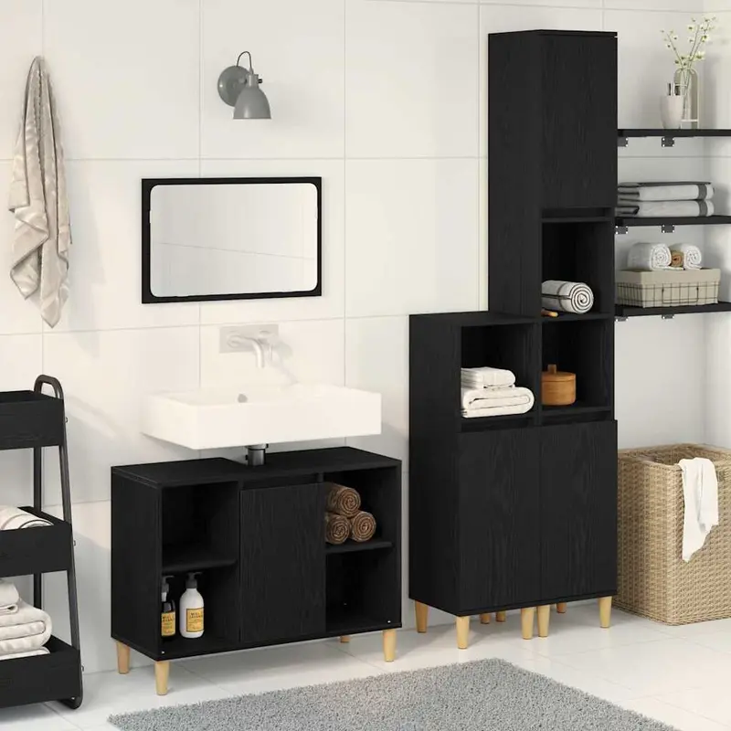 Juego de muebles de baño 3 pcs Negro Madera de ingeniería