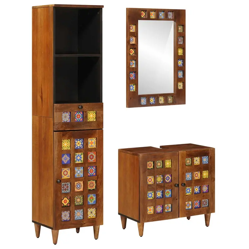 Juego de muebles de baño 3 pcs Nogal Madera de mango maciza
