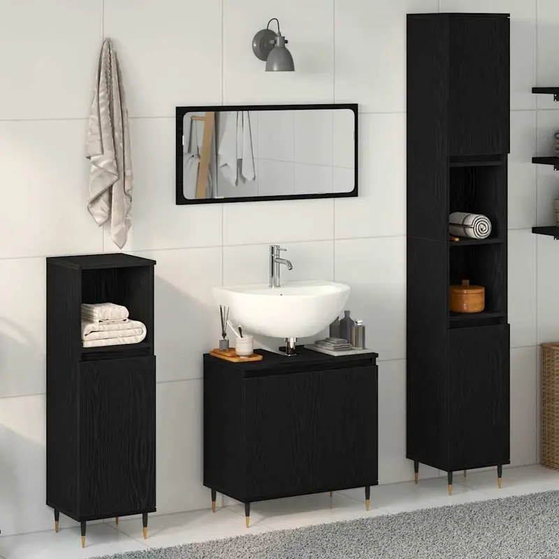 Juego de muebles de baño 3 pcs Roble Negro 30 x 30 x 190 cm