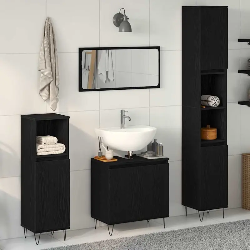 Juego de muebles de baño 3 pcs Roble Negro 30 x 30 x 190 cm