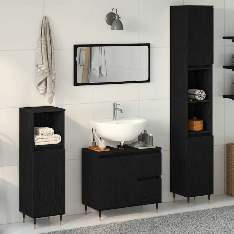 Juego de muebles de baño 3 pcs Roble Negro 30 x 30 x 190 cm
