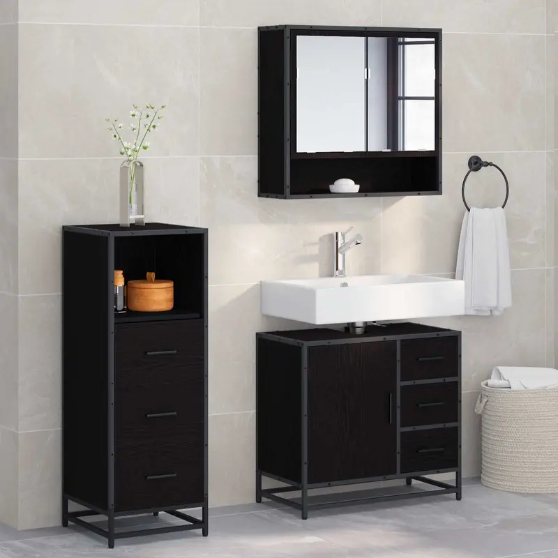 Juego de muebles de baño 3 pcs Roble Negro Madera contrachapada