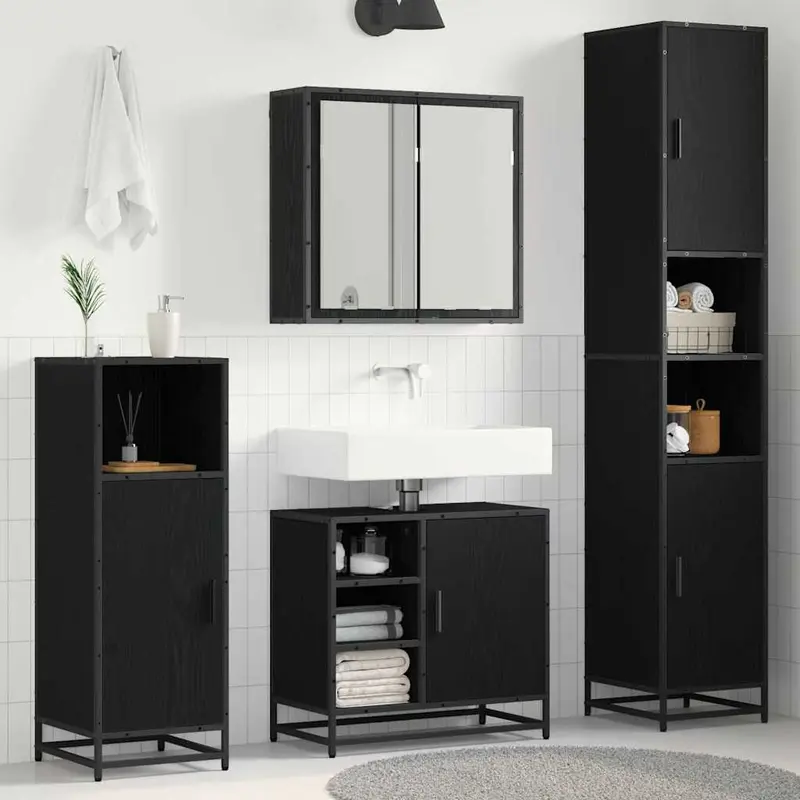 Juego de muebles de baño 3 pcs Roble Negro Madera contrachapada