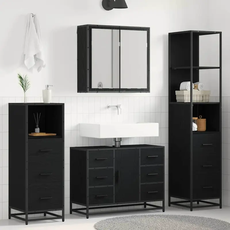Juego de muebles de baño 3 pcs Roble Negro Madera contrachapada