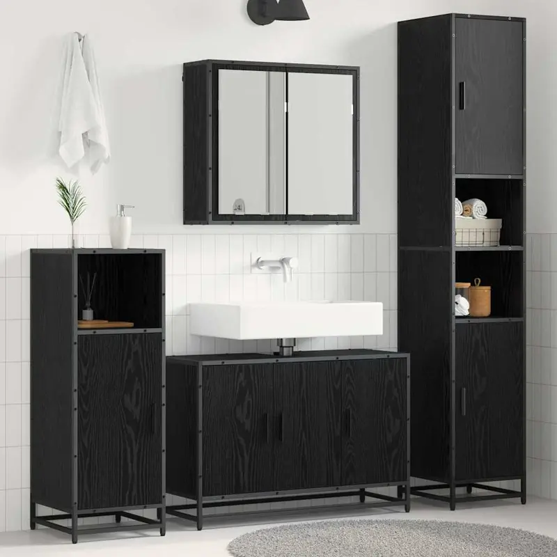 Juego de muebles de baño 3 pcs Roble Negro Madera contrachapada