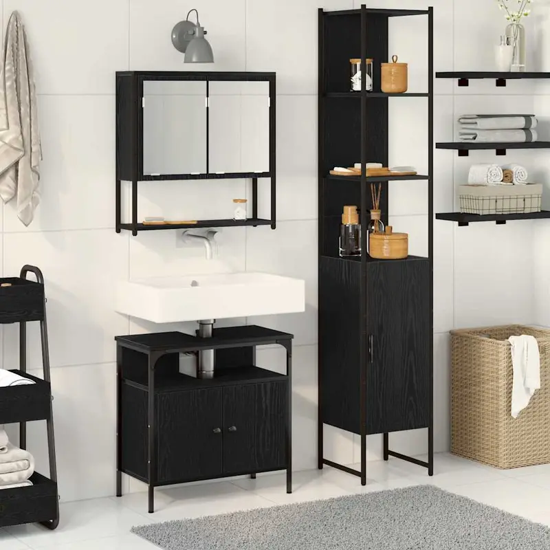Juego de muebles de baño 3 pcs Roble Negro Madera contrachapada