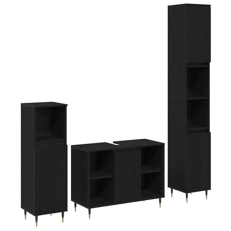 Juego de muebles de baño 3 pcs Roble Negro Madera contrachapada