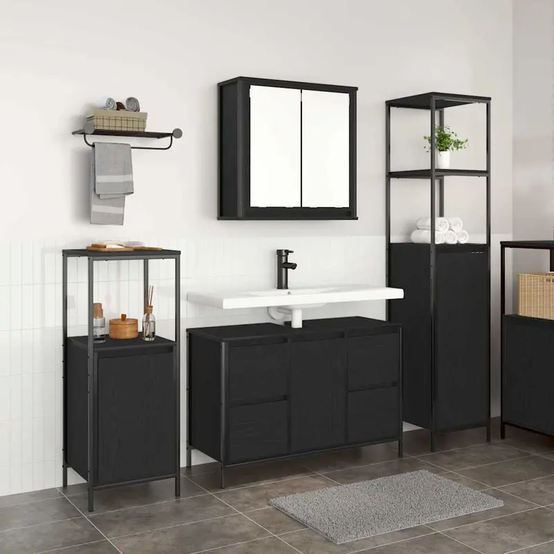 Juego de muebles de baño 3 pcs Roble Negro Madera contrachapada