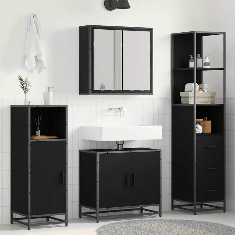 Juego de muebles de baño 3 pcs Roble Negro Madera contrachapada