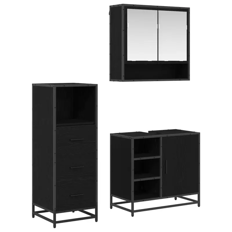 Juego de muebles de baño 3 pcs Roble Negro Madera contrachapada