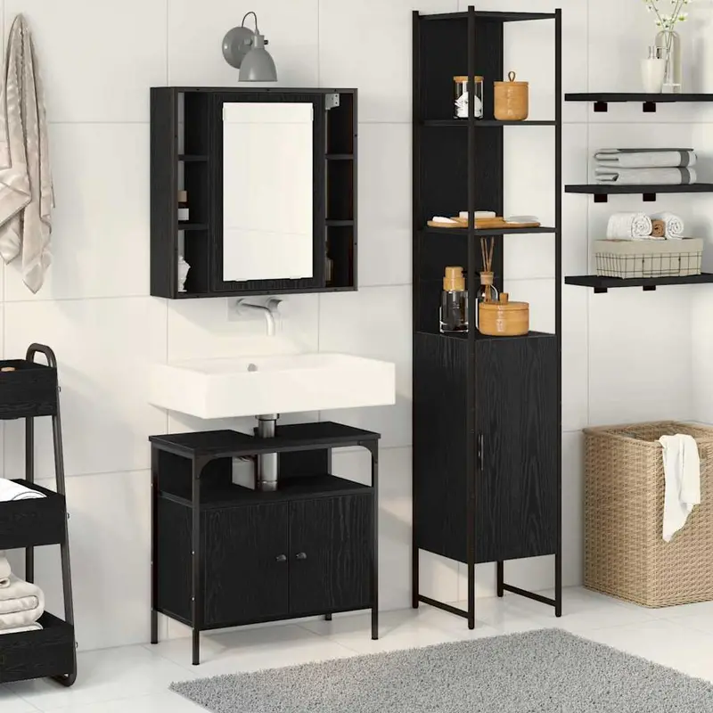 Juego de muebles de baño 3 pcs Roble Negro Madera contrachapada