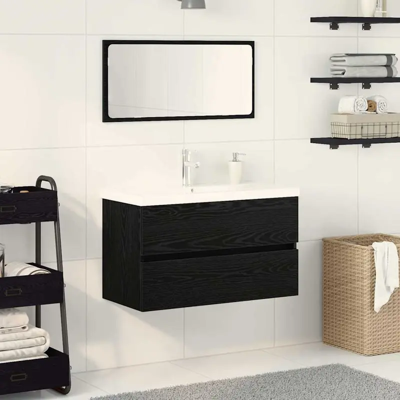 Juego de muebles de baño 3 pcs Roble Negro Madera de ingeniería