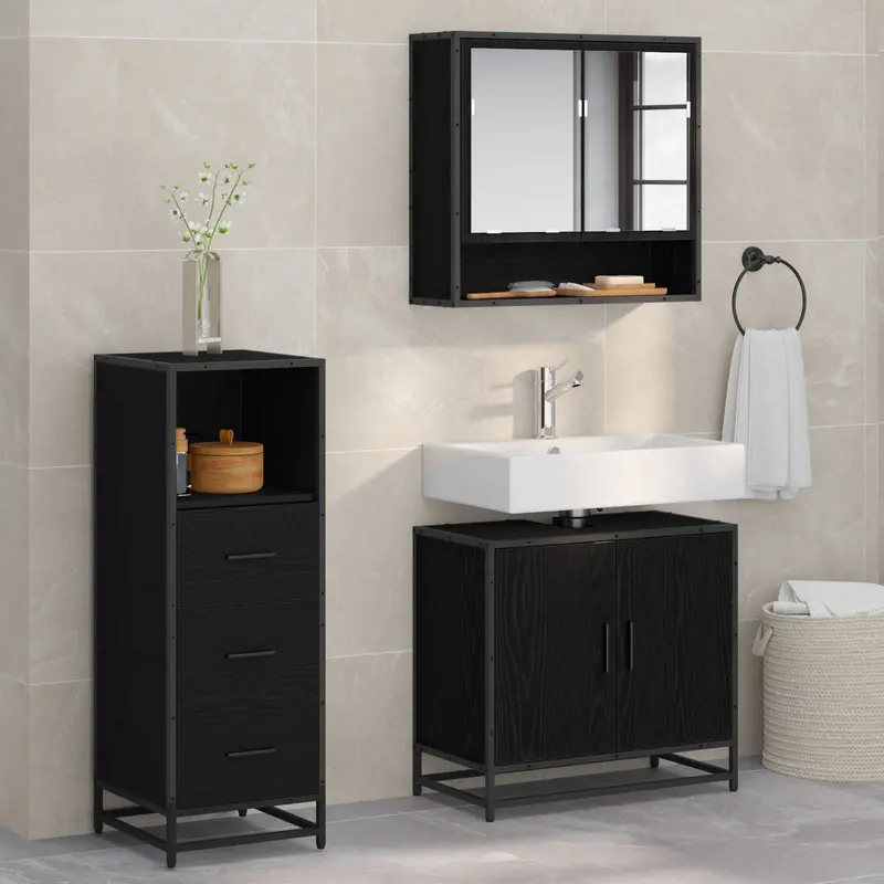 Juego de muebles de baño 3 pcs Roble Negro Madera de ingeniería
