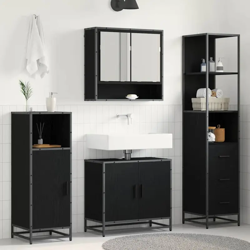 Juego de muebles de baño 3 pcs Roble Negro Madera de ingeniería