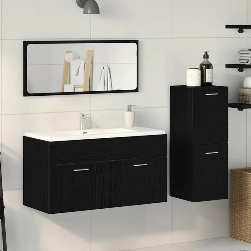 Juego de muebles de baño 3 pcs Roble Negro Madera de ingeniería