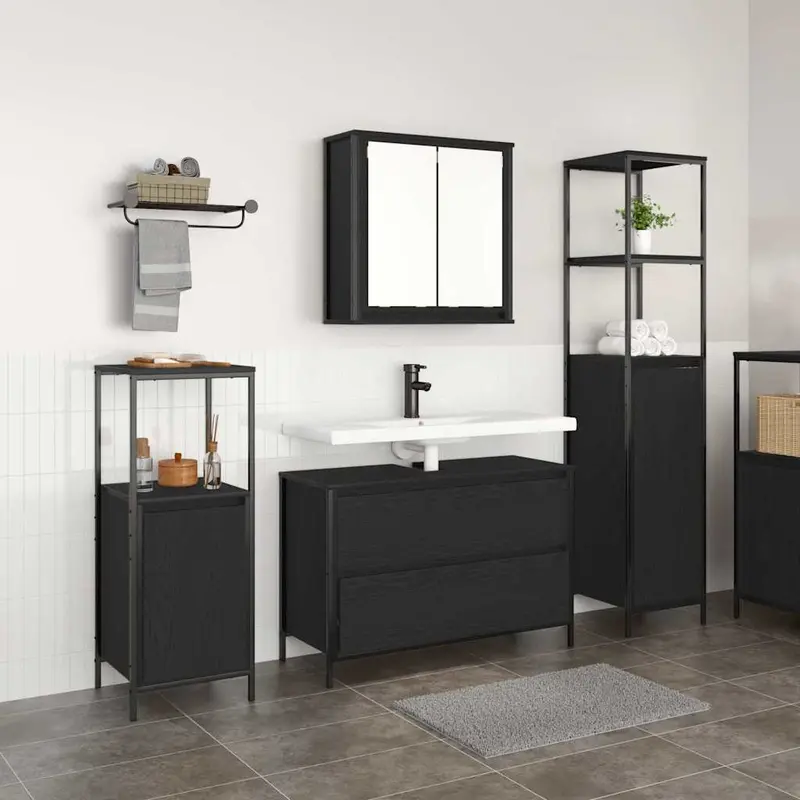 Juego de muebles de baño 3 pcs Roble Negro Madera de ingeniería