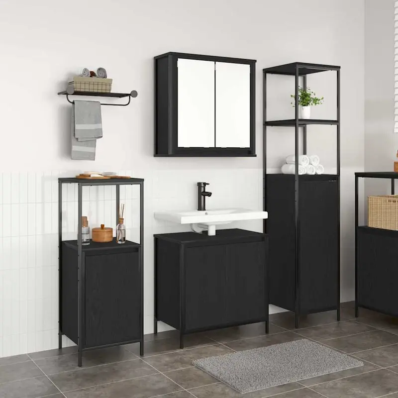 Juego de muebles de baño 3 pcs Roble Negro Madera de ingeniería