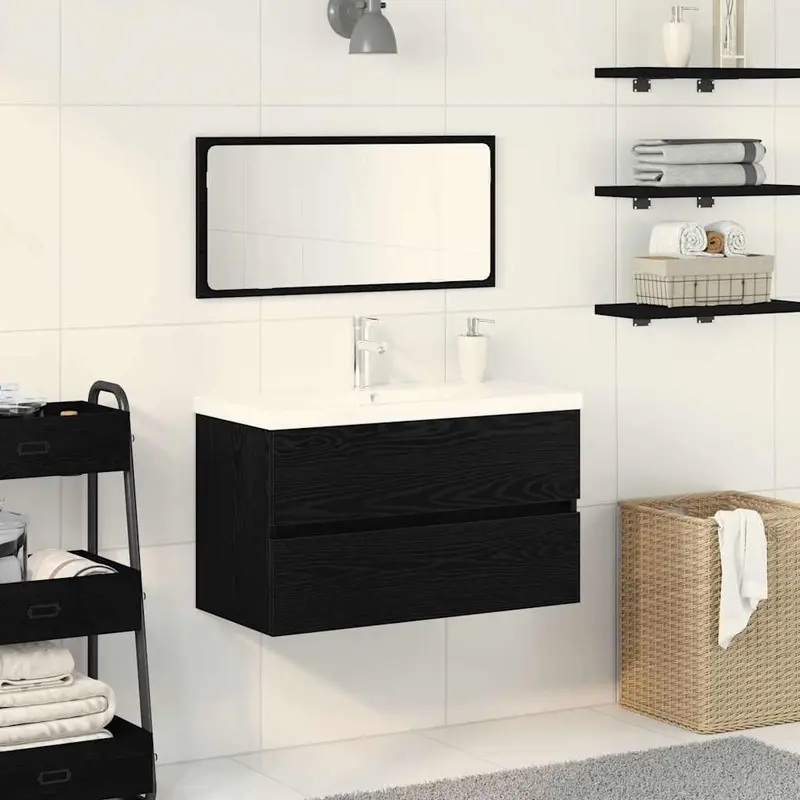 Juego de muebles de baño 3 pcs Roble Negro Madera de ingeniería
