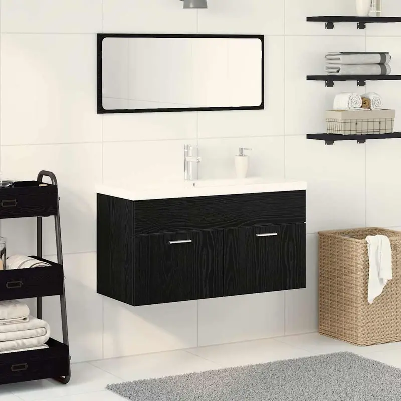Juego de muebles de baño 3 pcs Roble Negro Madera de ingeniería