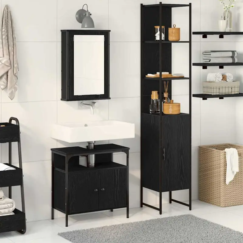 Juego de muebles de baño 3 pcs Roble Negro Madera de ingeniería