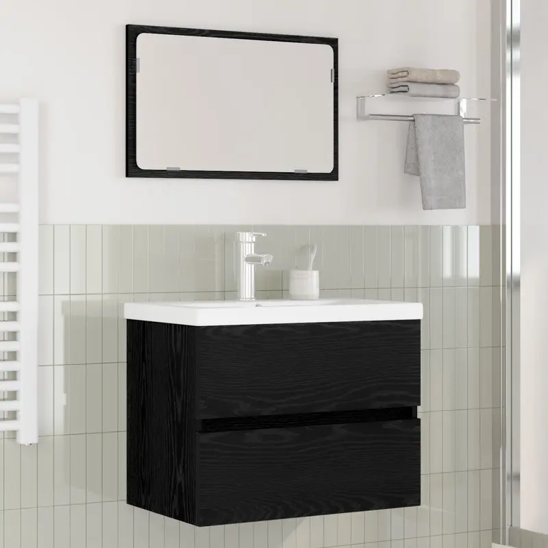 Juego de muebles de baño 3 pcs Roble Negro Madera de ingeniería