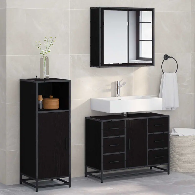 Juego de muebles de baño 3 pcs Roble Negro Madera de ingeniería