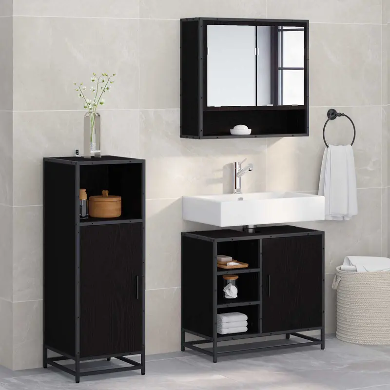Juego de muebles de baño 3 pcs Roble Negro Madera de ingeniería