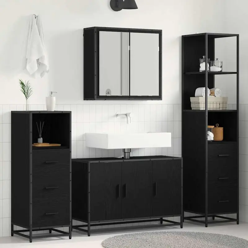Juego de muebles de baño 3 pcs Roble Negro Madera de ingeniería