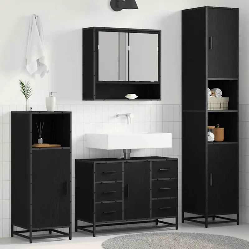 Juego de muebles de baño 3 pcs Roble Negro Madera de ingeniería