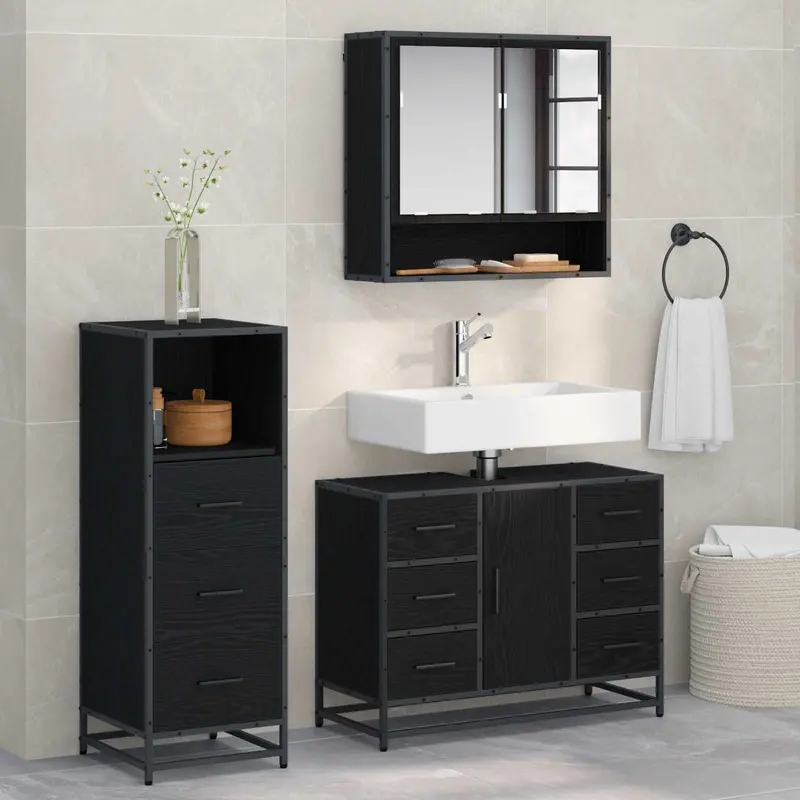 Juego de muebles de baño 3 pcs Roble Negro Madera de ingeniería