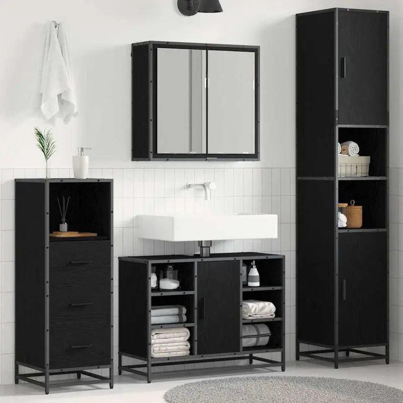 Juego de muebles de baño 3 pcs Roble Negro Madera de ingeniería