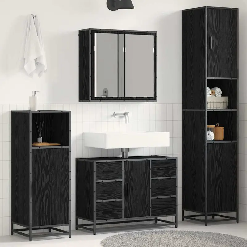 Juego de muebles de baño 3 pcs Roble Negro Madera de ingeniería