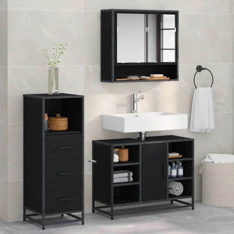 Juego de muebles de baño 3 pcs Roble Negro Madera de ingeniería